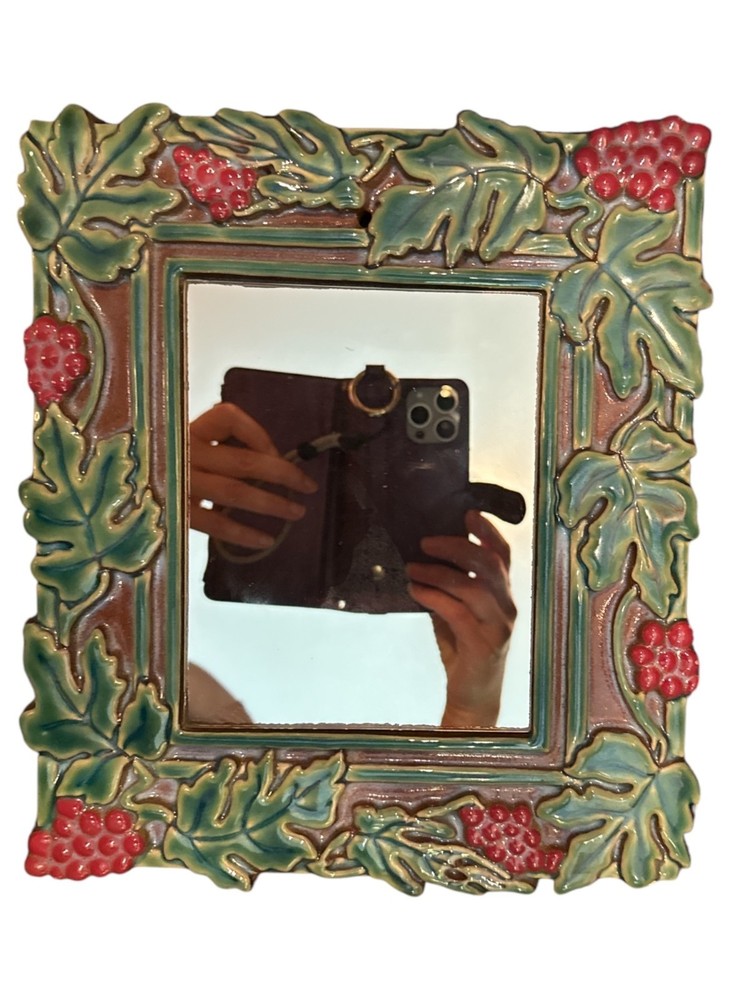Alamo Tile Grape & Leaf Ceramic Framed Mirror Signed READ