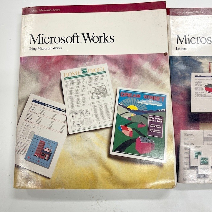 1990 2 Book Set Using Microsoft Works for Apple + Microsoft Works Lessons