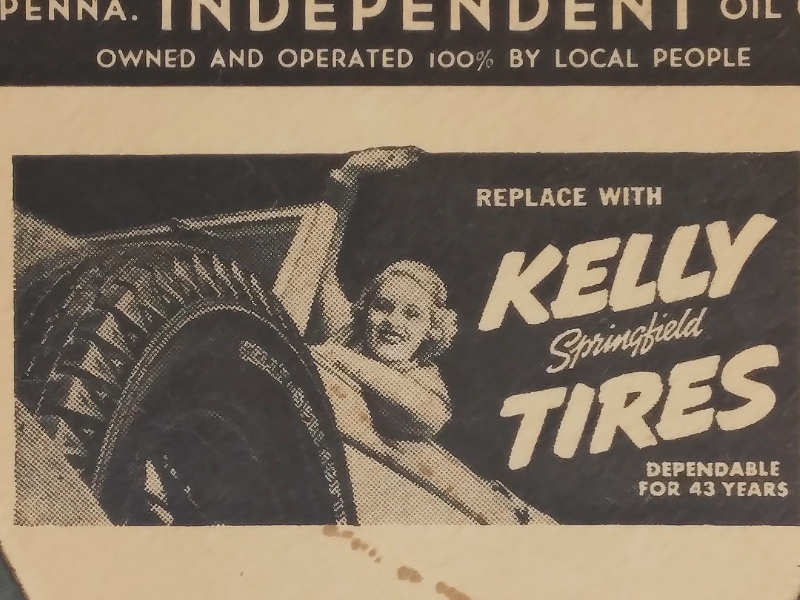 Kelly Tires Fleet-Wing Gas & Oil Comfy Hold ad fan, c1939