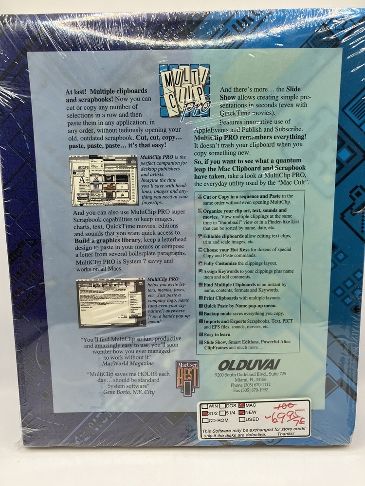 MultiClip Pro Apple Clipboard Program for Apple Macintosh SEALED, NEW
