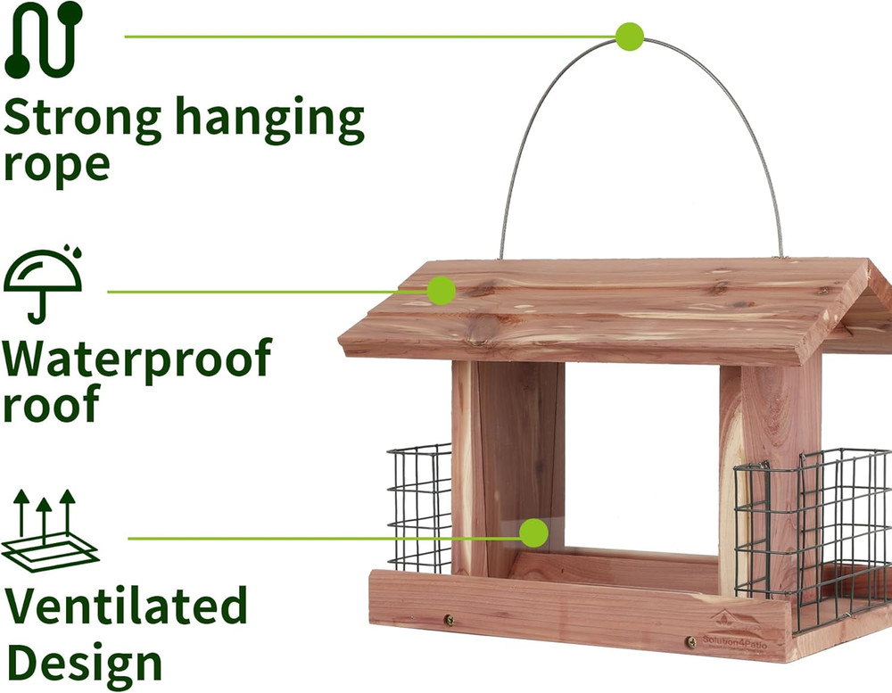 Solution4Patio US Cedar Hopper Bird Feeder for Outdoors Hanging, Handcrafted Woo