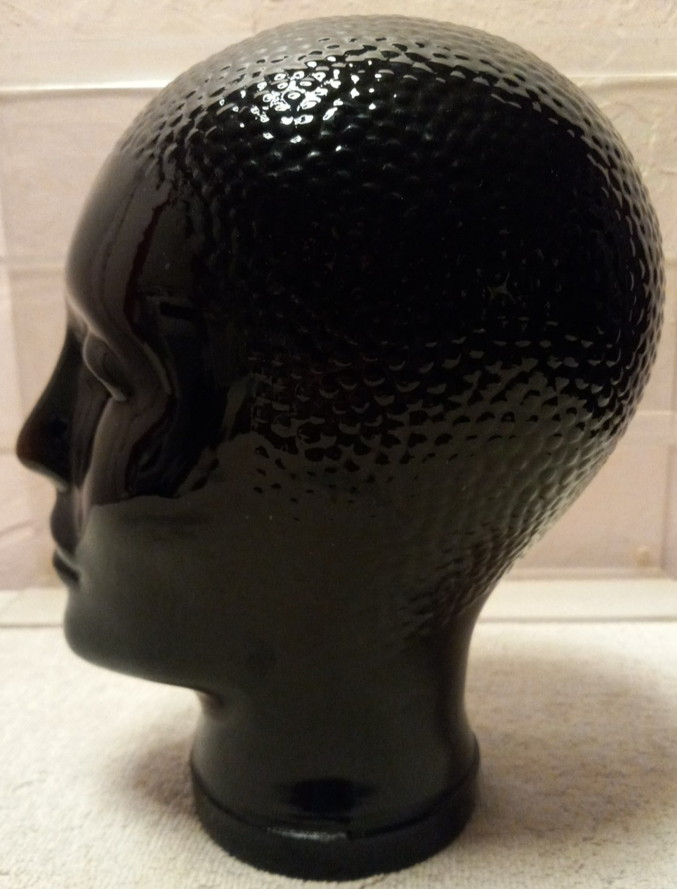 VINTAGE Glass Mannequin Head  RARE COLOR AMBER BLACK BROWN TEXTURE HAIR 10 INCH