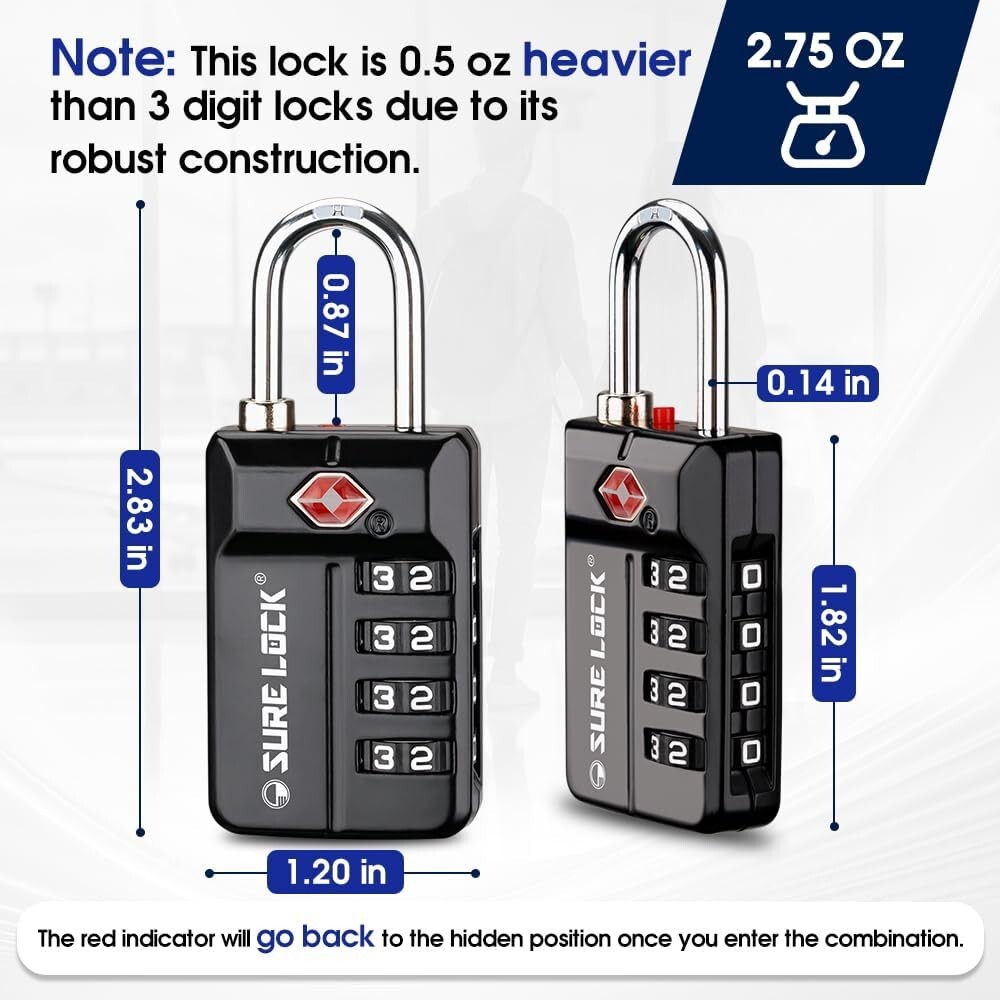 TSA Approved 4-Digit Combination Luggage Locks - Open Alert, 2 Pack For Security