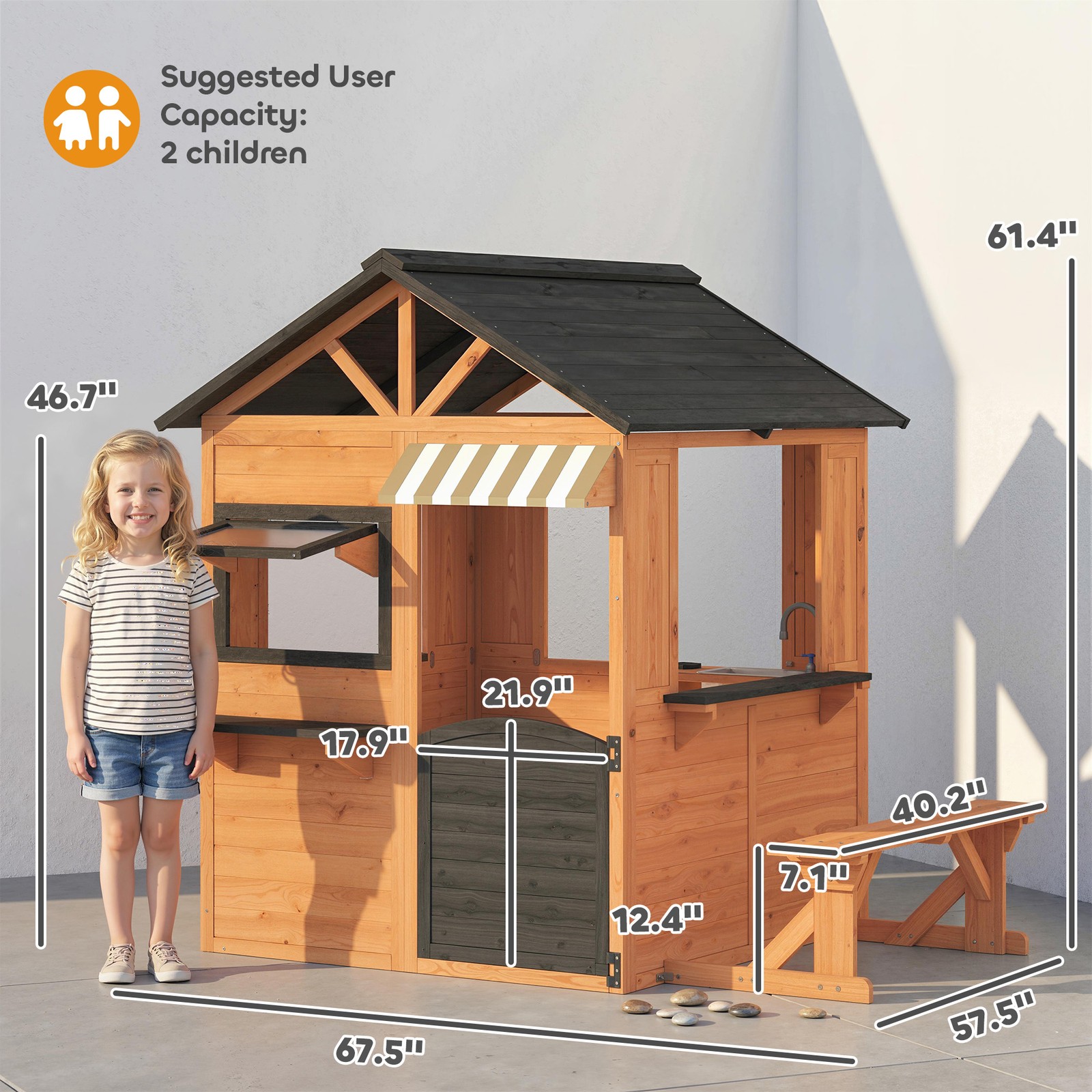 Qaba Outdoor Playhouse, Wooden Kids Playhouse with Play Kitchen and Bench