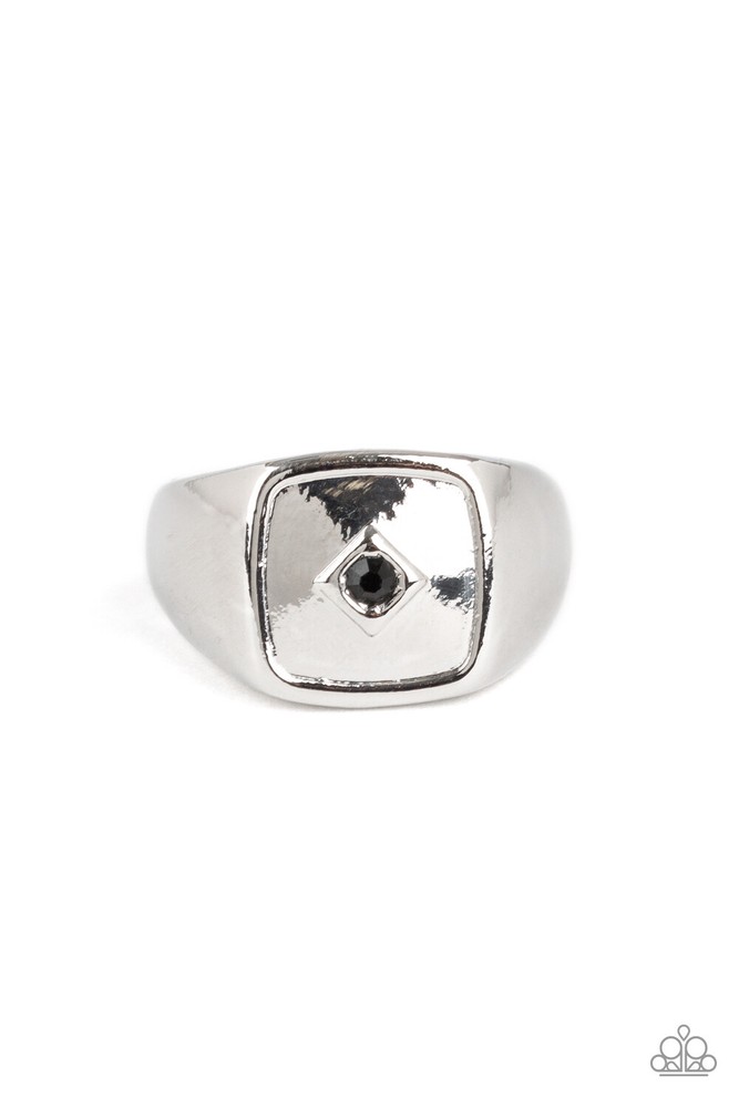 PAPARAZZI IMMORTAL -BLACK RHINESTONE- SILVER SQUARE MENS RING