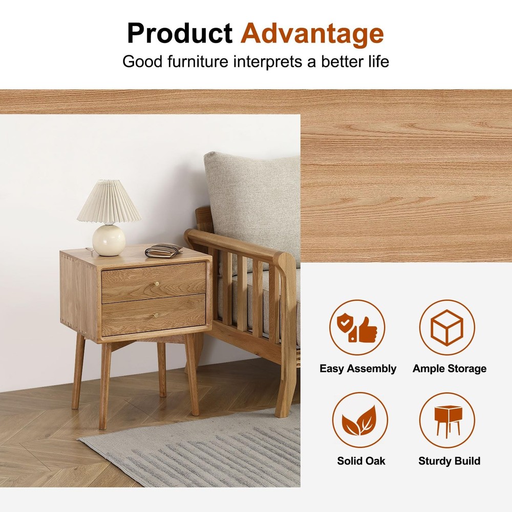 Mid Century Modern Nightstands, Oak Bedside Table Solid Wood End Table with D...