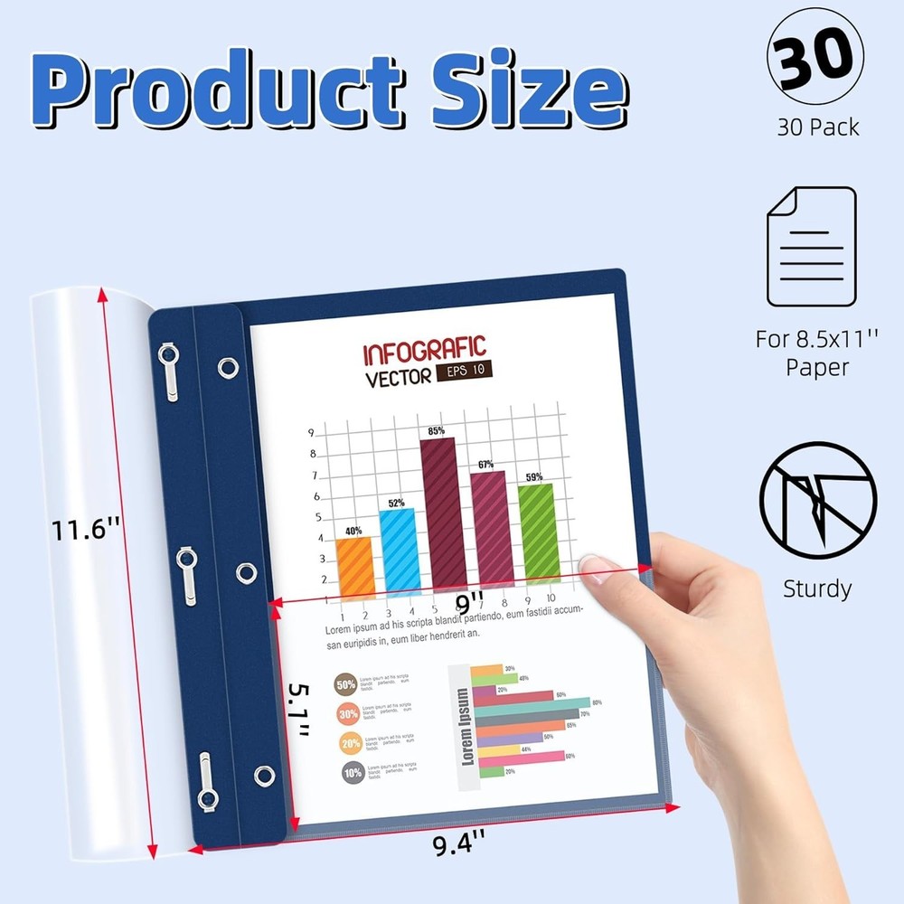 30 Pack Plastic Report Covers with 3-Prong Fasteners Clear Front Presentation...