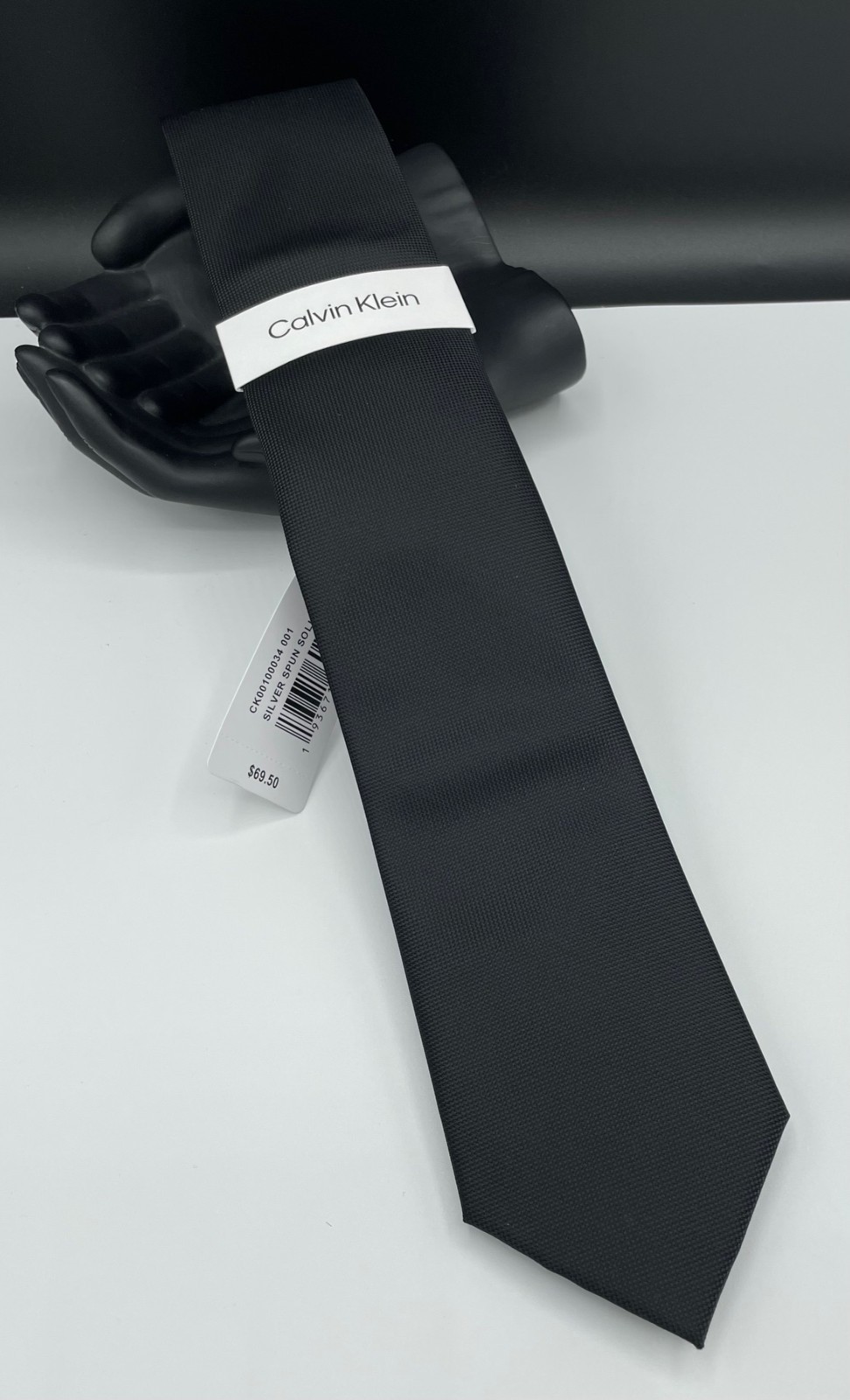 Calvin Klein Men's Polyester Tie ~ Black ~ Silver Spun Solid ~ NEW MSRP: $69.50