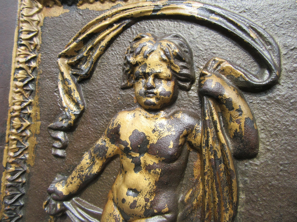 Antique Victorian Cherub Cast Iron Fireplace Insert Fireback w Gate Marks