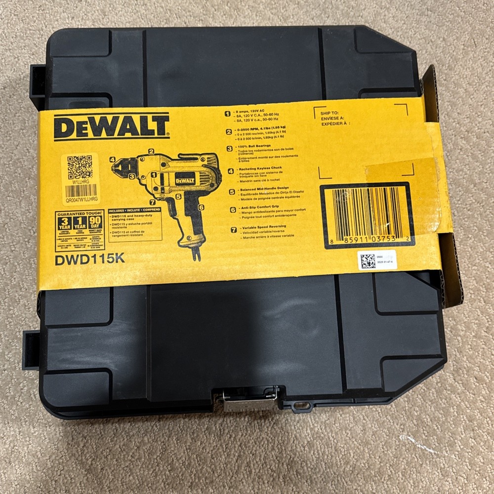 Dewalt Drill, 8.0-amp, 3/8-inch, Variable Speed Trigger, Mid-handle Grip For