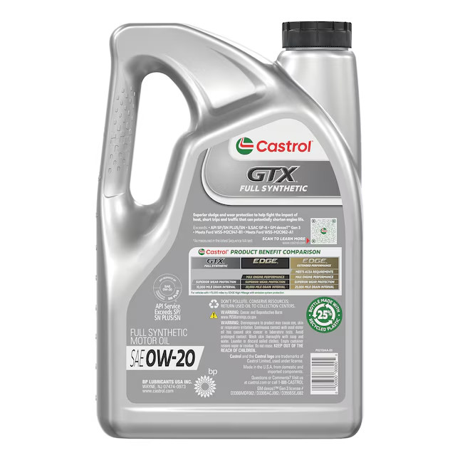 Castrol GTX 0W-20 Full Synthetic Motor Oil 5 Quarts Sludge Protection
