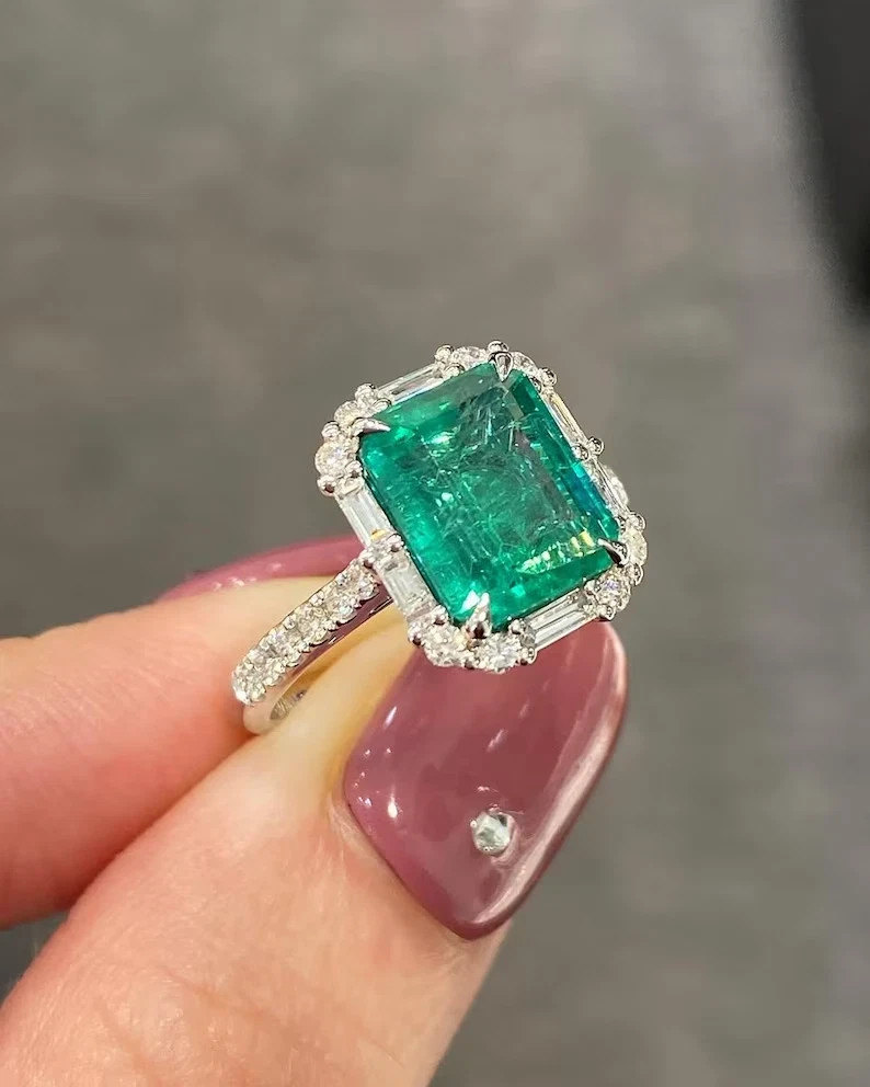 5.20 CT Emerald cut Natural Emerald Diamond Wedding Ring 14K solid white gold