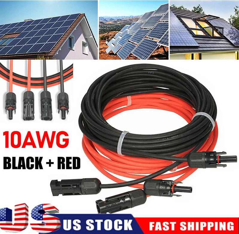 1 Pair Black+Red Solar Panel Extension Cable Wire Solar Connectors 10 AWG Gauge