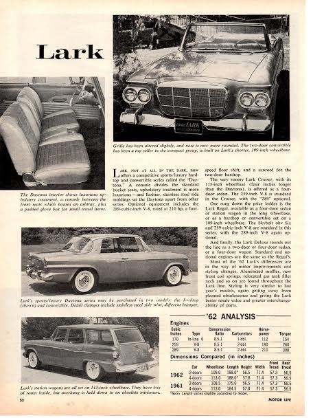 1962 STUDEBAKER LARK ~ ORIGINAL NEW CAR PREVIEW ARTICLE / AD