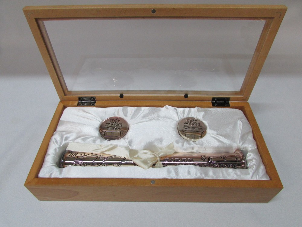 Baby Infant Birth Certificate First Curl First Tooth Keepsake Silver Box Set