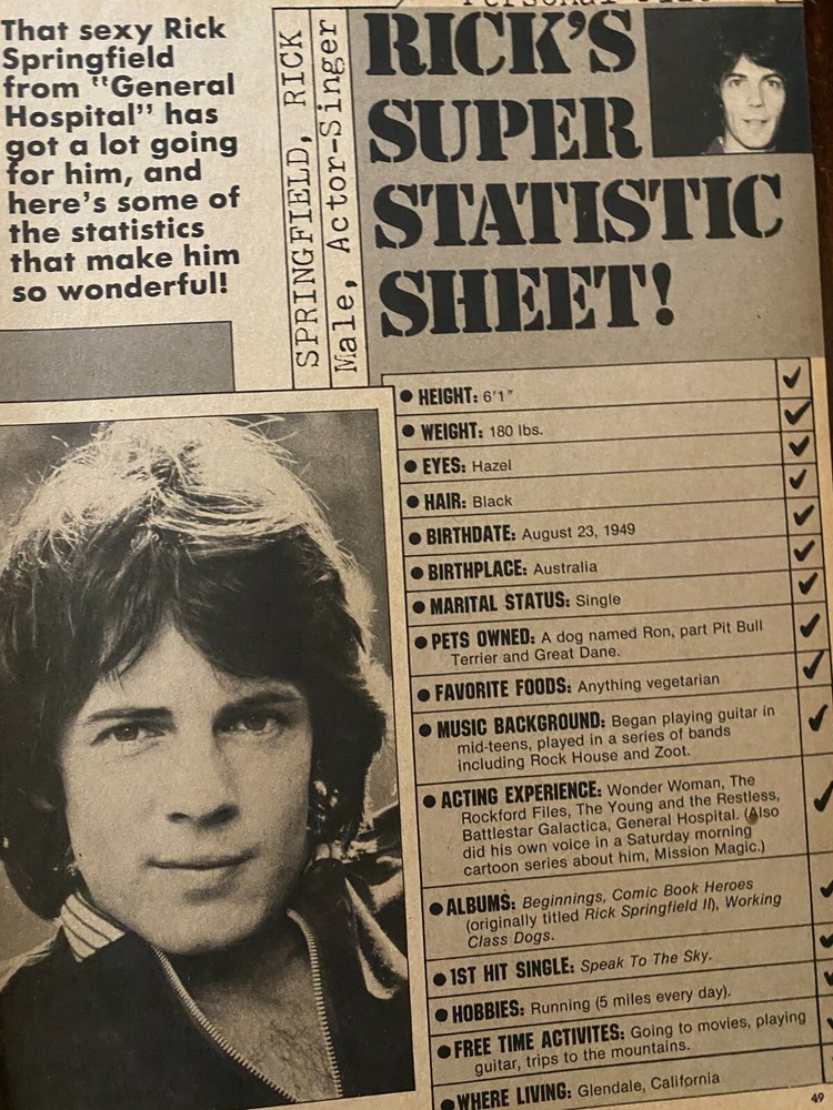 Rick Springfield, Full Page Vintage Clipping