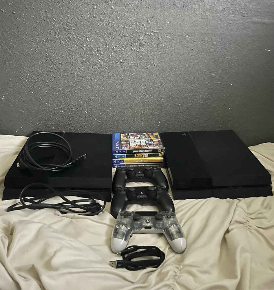 2 Sony PlayStations 4 Black Console Bundle with 4 Games, 3 Controllers & Cords