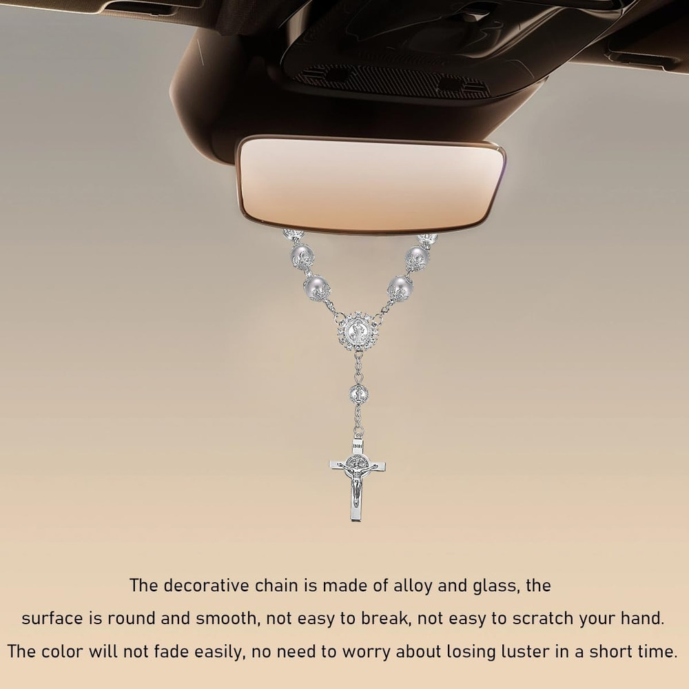 Car Rosary for Rearview Mirror, Personalized Rear View Cross Blessing Beads Deco