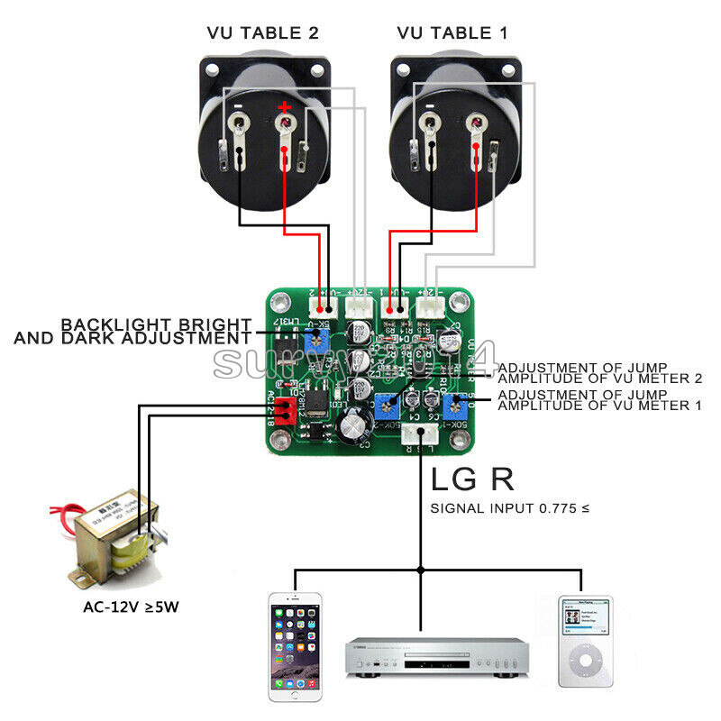 2pc 10-12V VU Panel Meter 500UA Warm Back Light Recording +Cable w/Driver Module