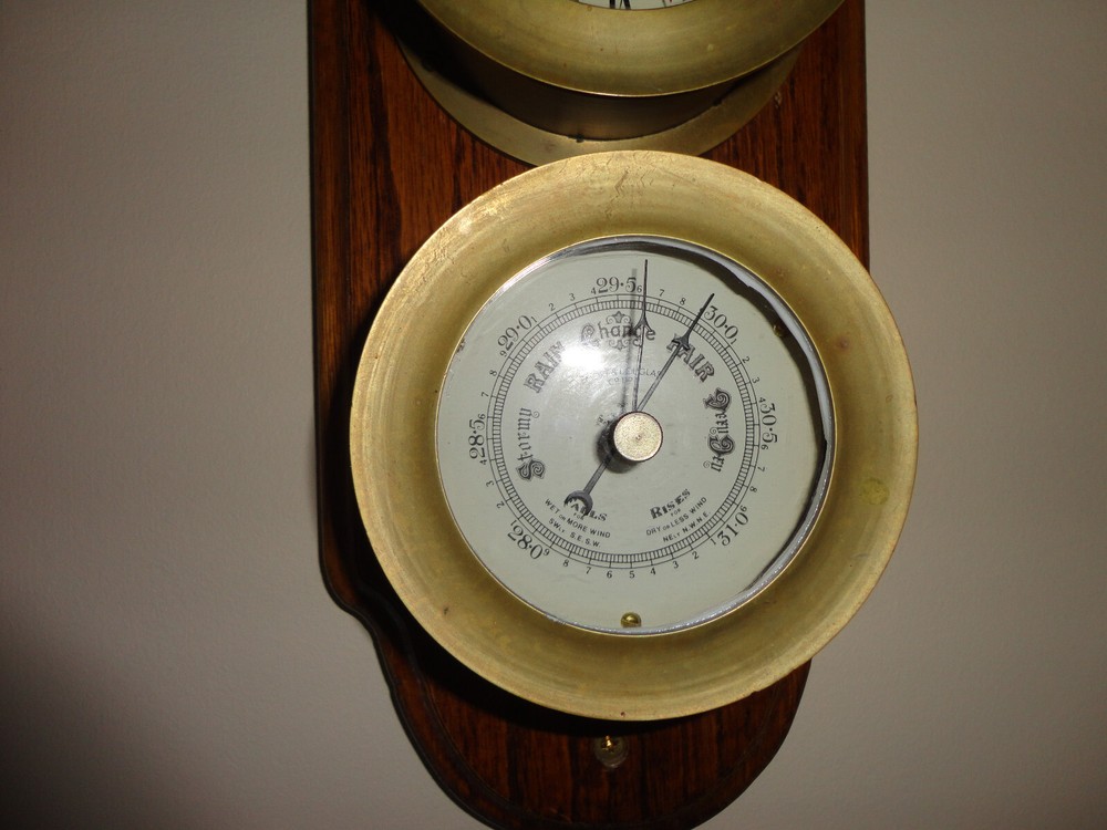 Brass Barometer & Ship's Clock on Wood Emory & Douglas Co.