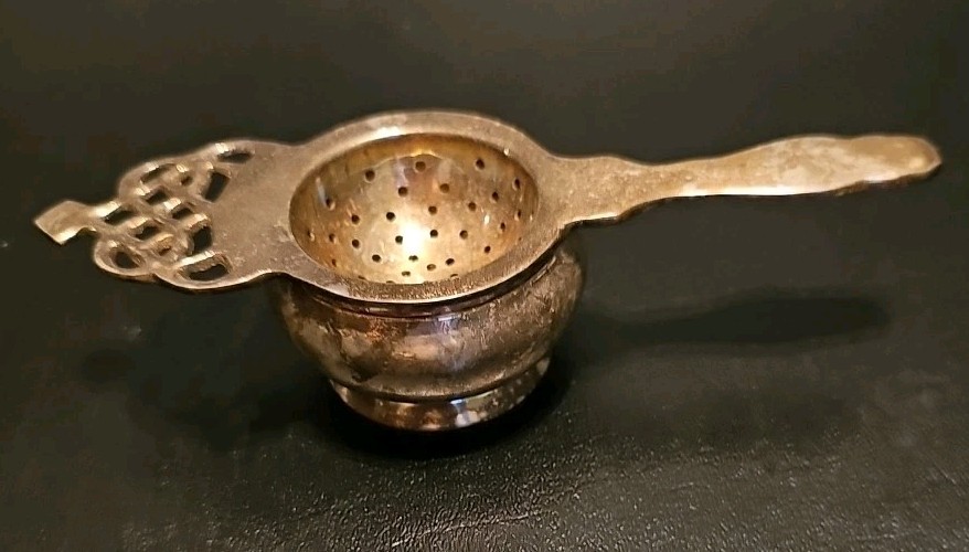 VINTAGE SILVER PLATE TEA STRAINER+DRIP CUP SET (2PCS) 6.5"X2.375" LOOSE TEA