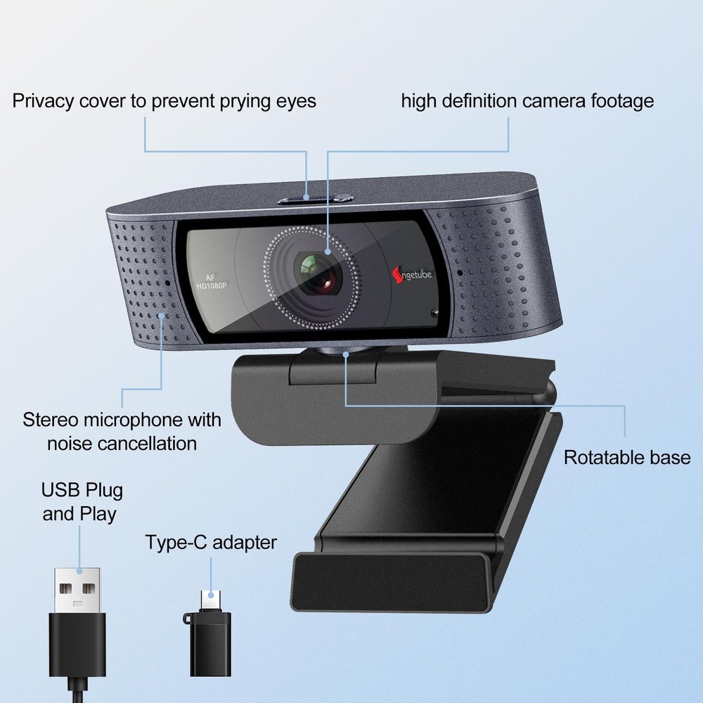 1080P HD Webcam with Microphone, Computer Camera, 2 Mics, USB Type-A & A-to-C...