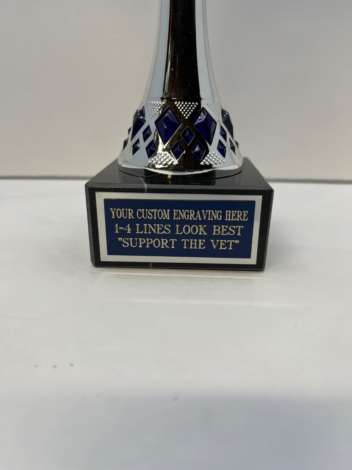 Silver Metal Trophy Cup 14.5" Custom Engraving Blue Diamond "Support the Vet"