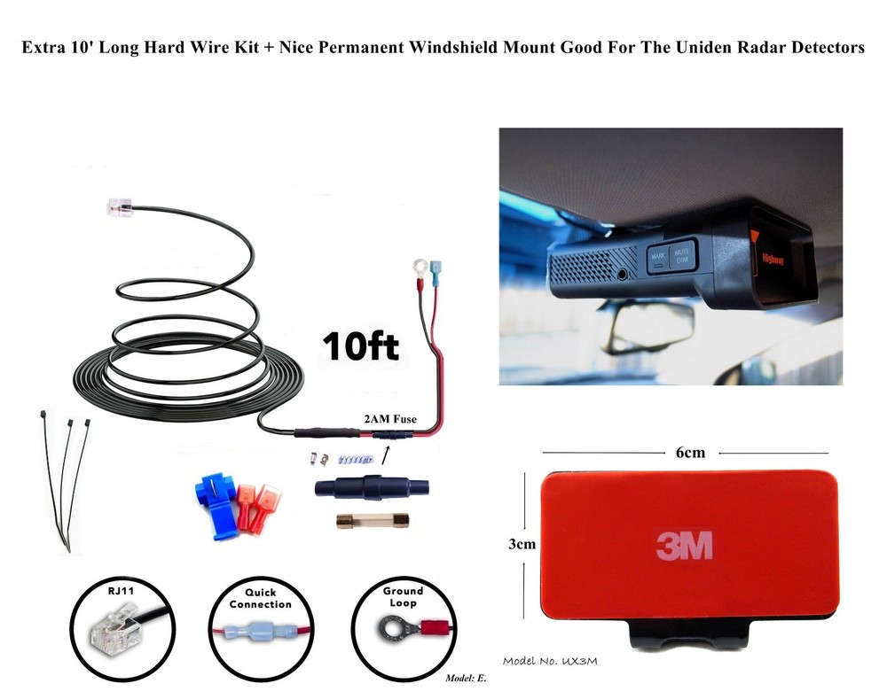 10' Long Hard Wire Kit+Nice Permanent Windshield Mount For Uniden Radar Detector