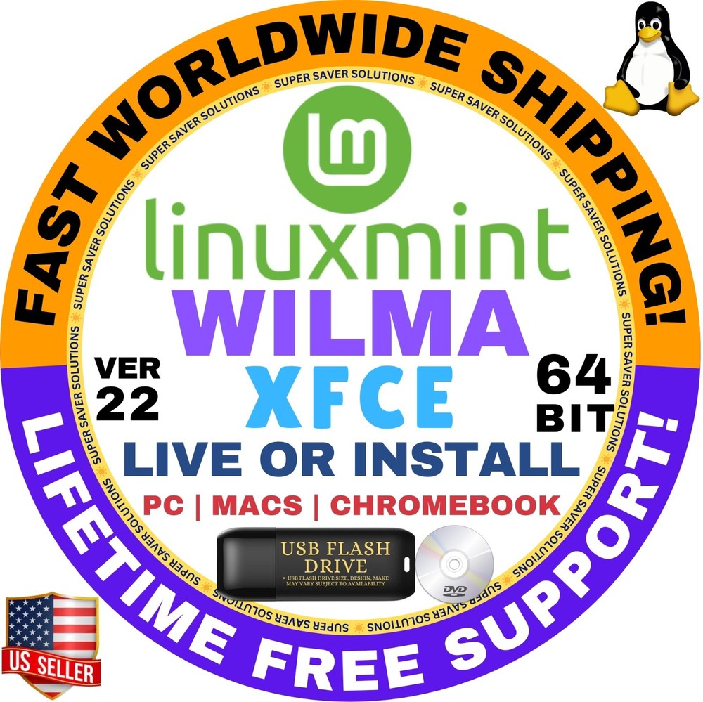 Linux MINT 22 USB WILMA XFCE, 64-Bit, Live Boot, Full Install for MAC, PC