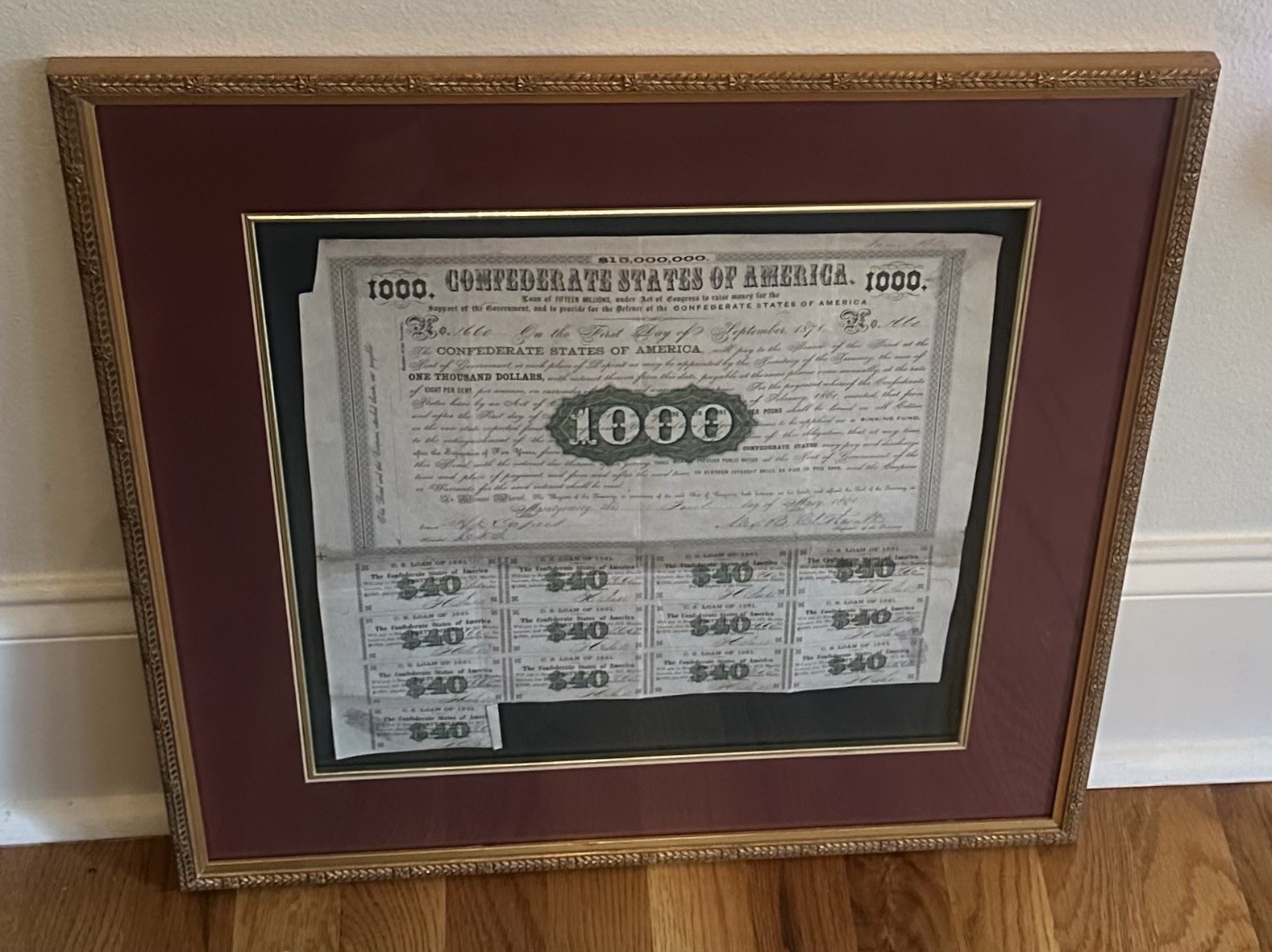 Framed CSA Confederate States of America $1000 Civil War Loan Bonds, 1861