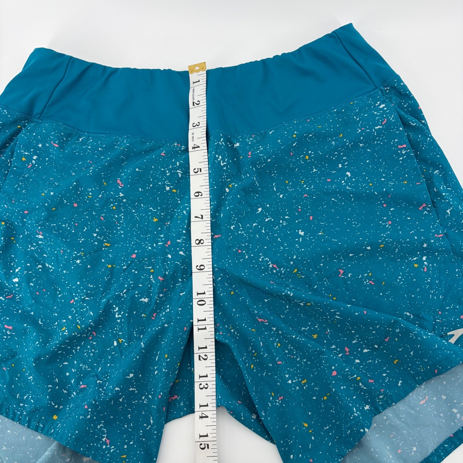 Brooks Chaser 7" Running Shorts Teal Splatter Women Size L Confetti Print