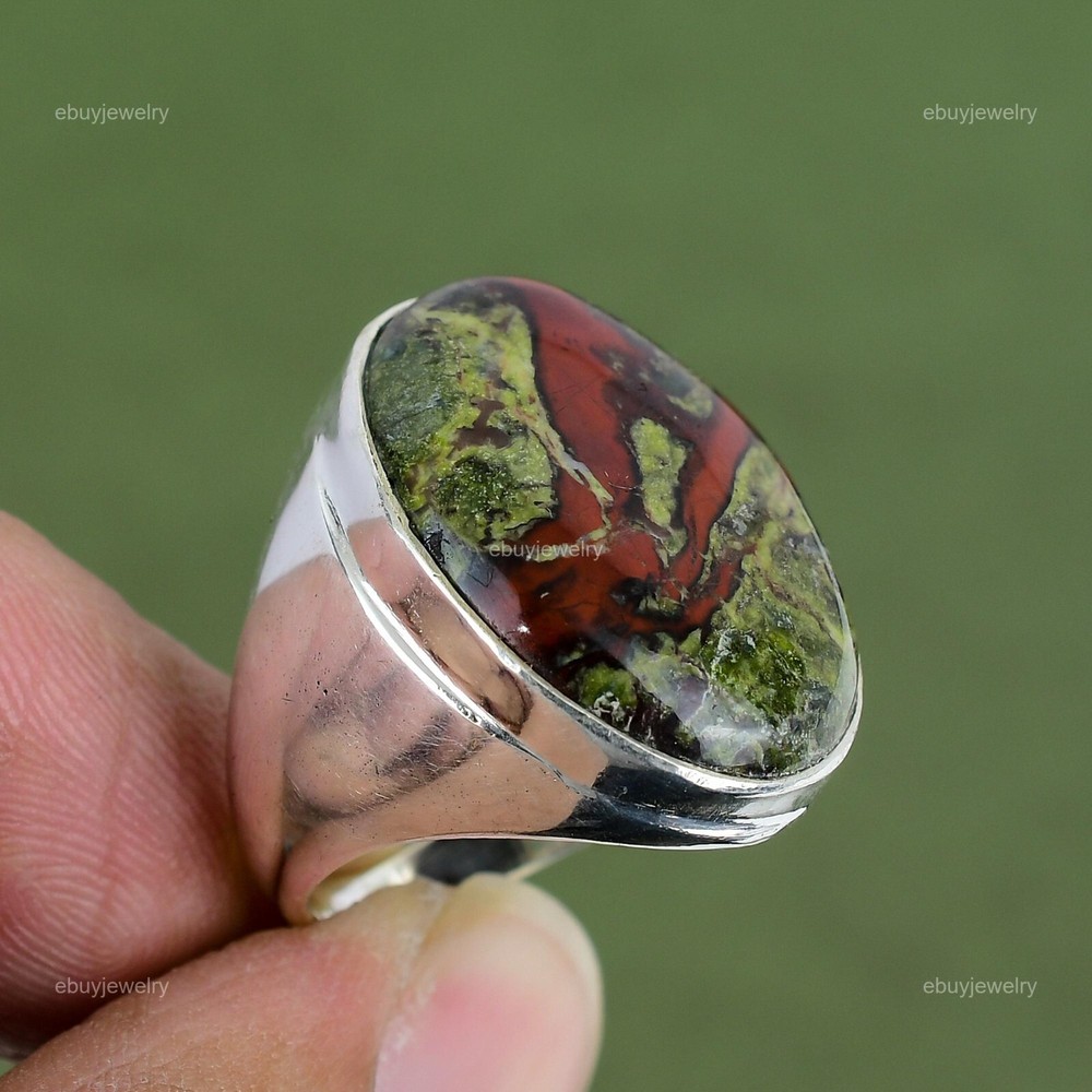 Oval Natural Dragon Bloodstone Statement Stackable Promise Ring Sterling Silver