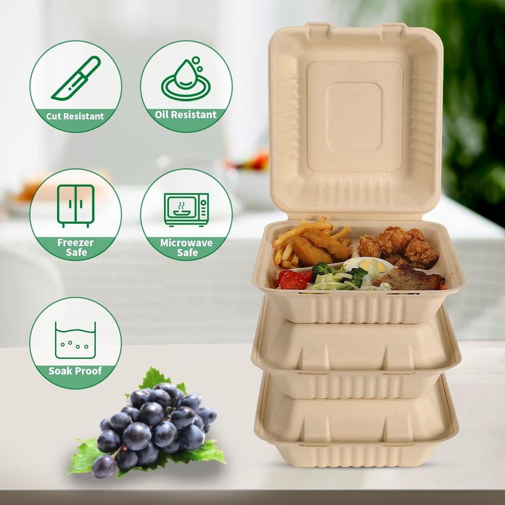 (150/Count) 9" x 9" -3 Compartment Take-Out Containers–100% Compostable, Natural