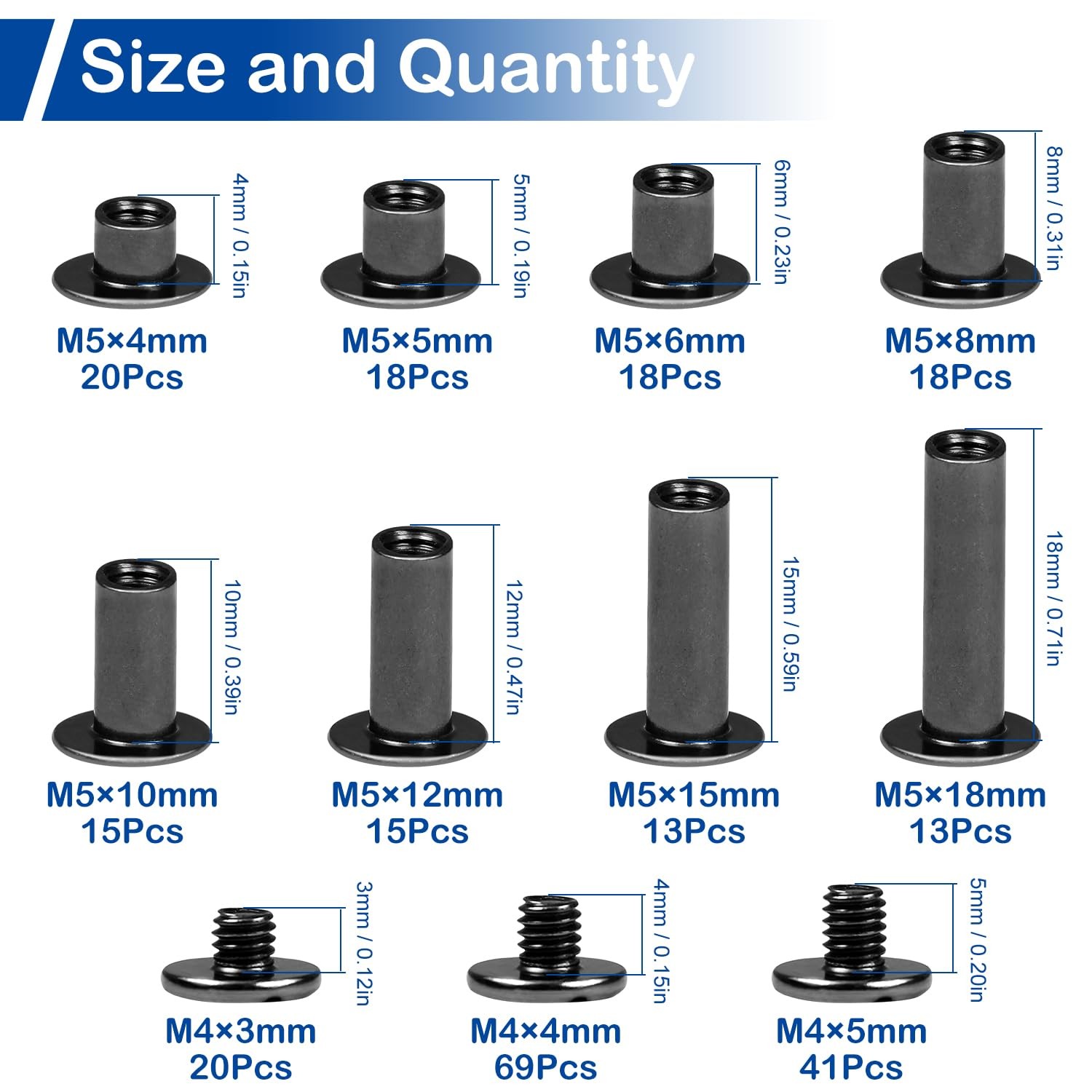 128 Sets Chicago Screws Kit, Black Screw Rivets, 8 Sizes Carbon Steel Binding...