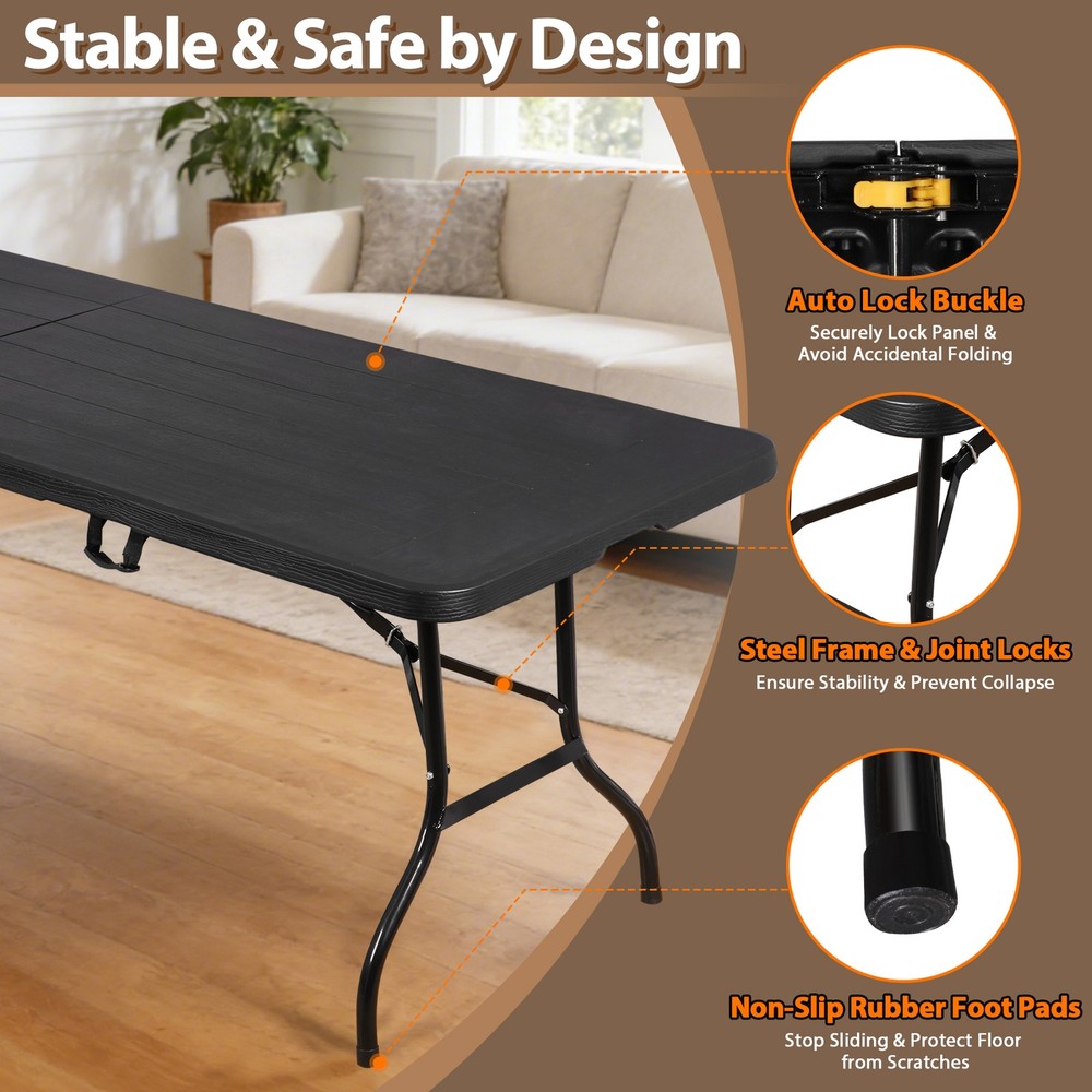 8FT Portable Folding Table Fold-in-Half Plastic Table for Dining Picnic Black