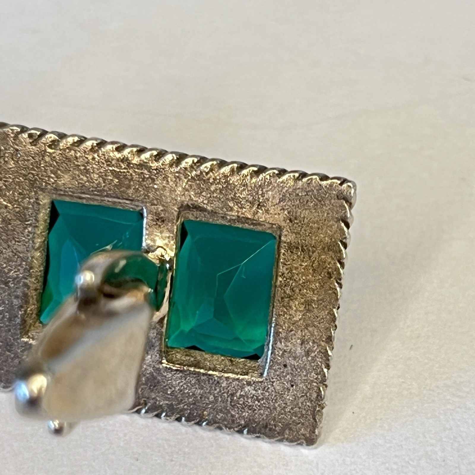 925 Sterling Silver Vintage Cuff Links DA VINCI Green Emerald cut Crystal slx