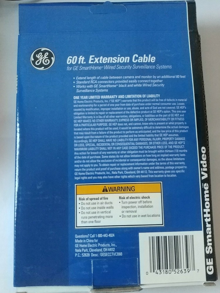 GE 60 FT RCA Extension Cable SmartHome Wired Security Surveillance Systems Pkg