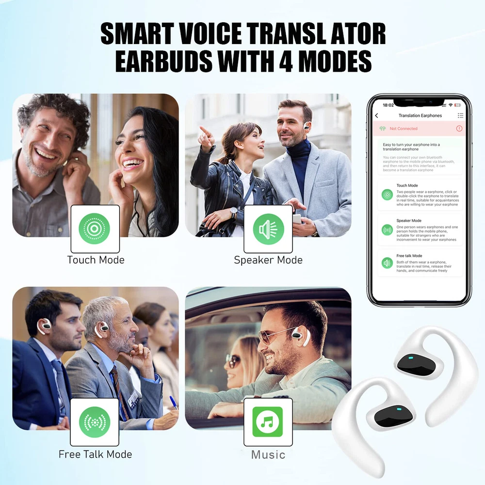 144 Language Translator Earbuds M8 Wireless Bluetooth Two Way Translation Black