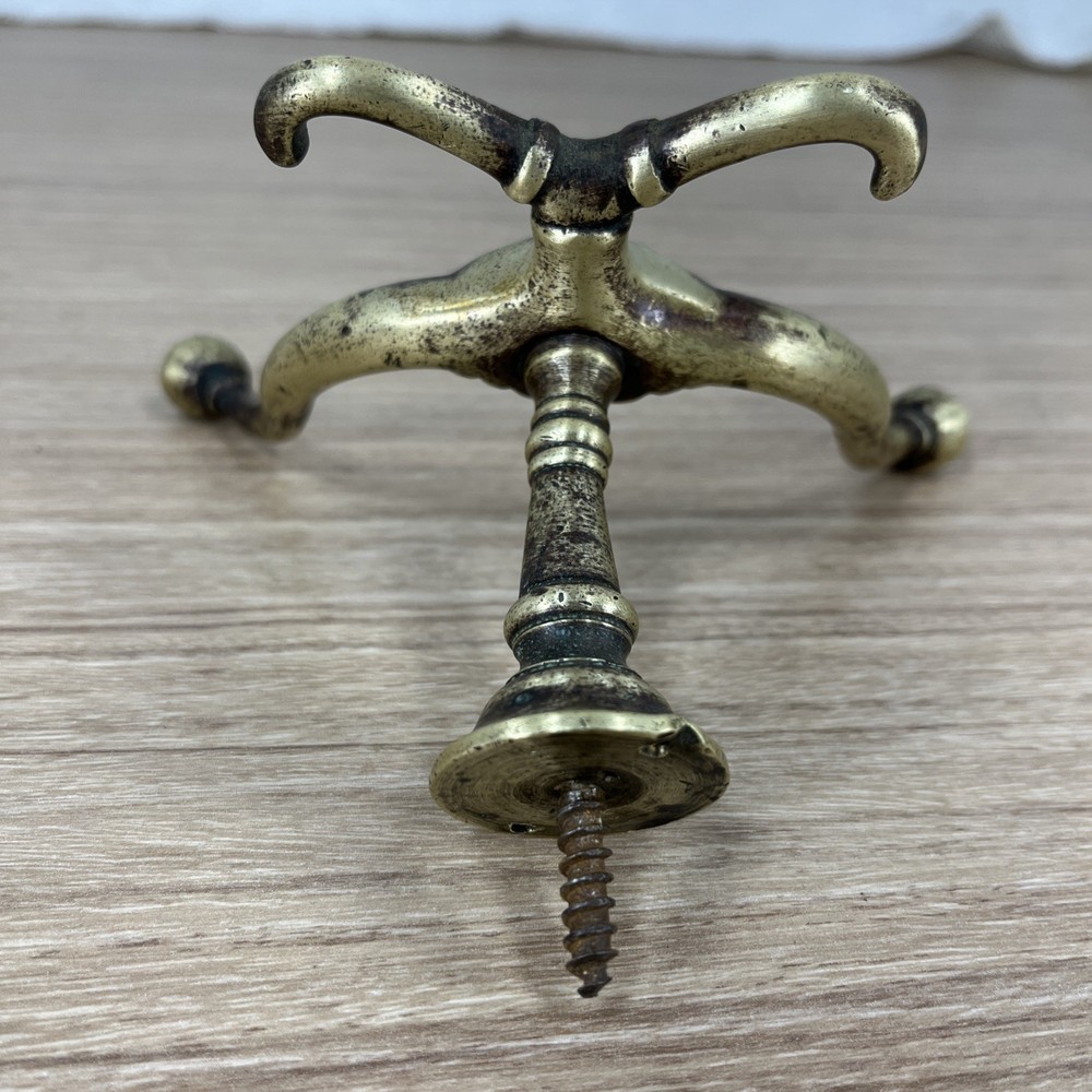 Vintage Antique Original Solid Brass 4-Post Coat & Hat Hook Wall Mount Screw In