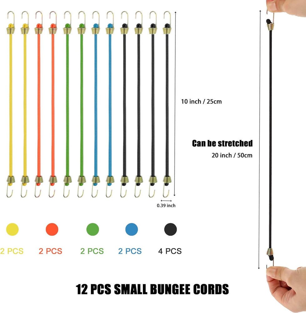 Small Bungee Cords with Hooks 12 Pack, 10" Mini Adjustable Rubber Stretchy Heavy