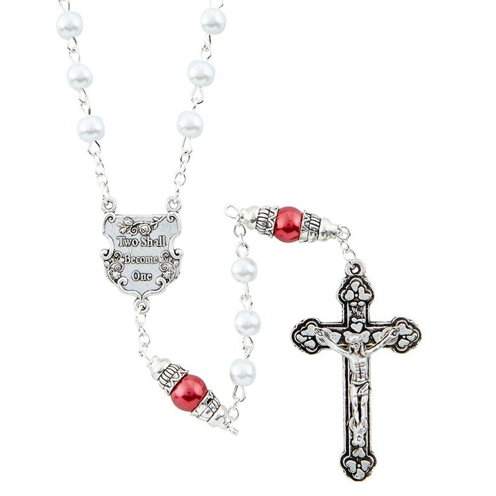 Bride Women's Wedding Rosary Two Shall Become One 2 Rings Centerpiece White Red