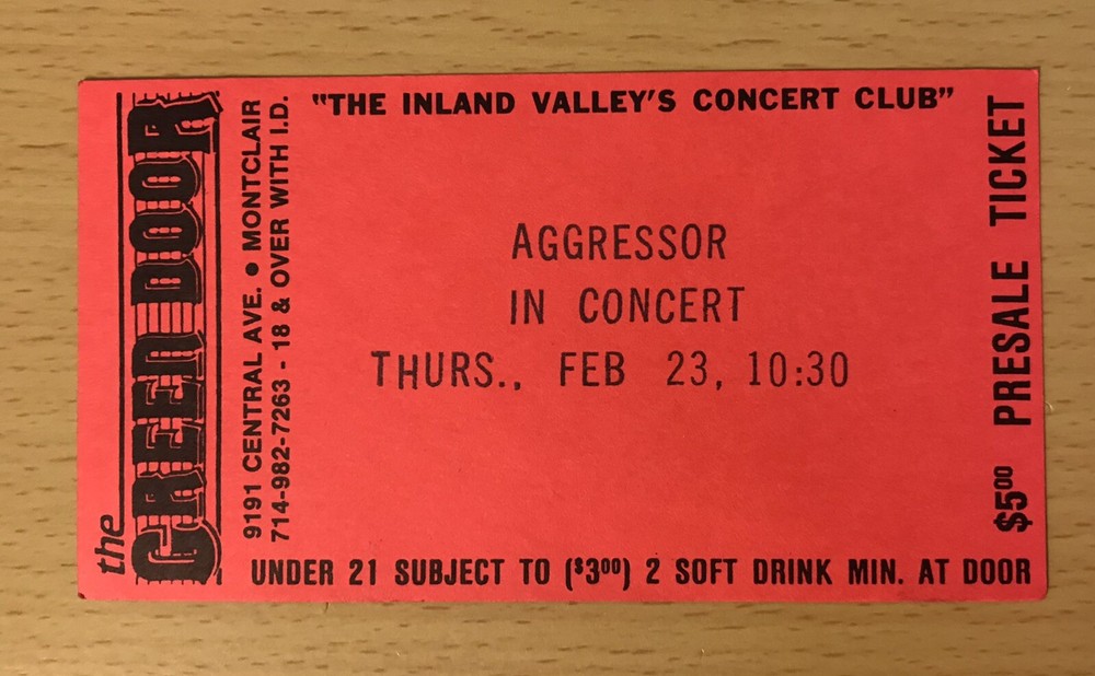 198? AGRESSOR GREEN DOOR MONTCLAIR 2/23 CONCERT TICKET STUB LISCENSED THRASH 1