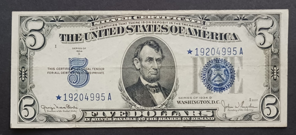 $5 Silver Certificate 1934D star note Print Error serial # shifted down