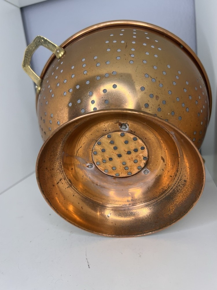 Vintage Copper Colander Tin Lined Brass Handles Footed Strainer Kitchen Decor