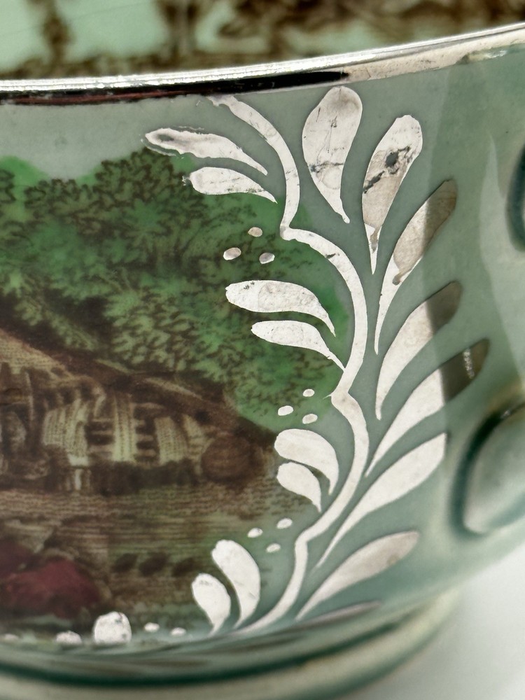 Rare Silver Overlay Pastoral Scene Poly Brown Transferware Cup