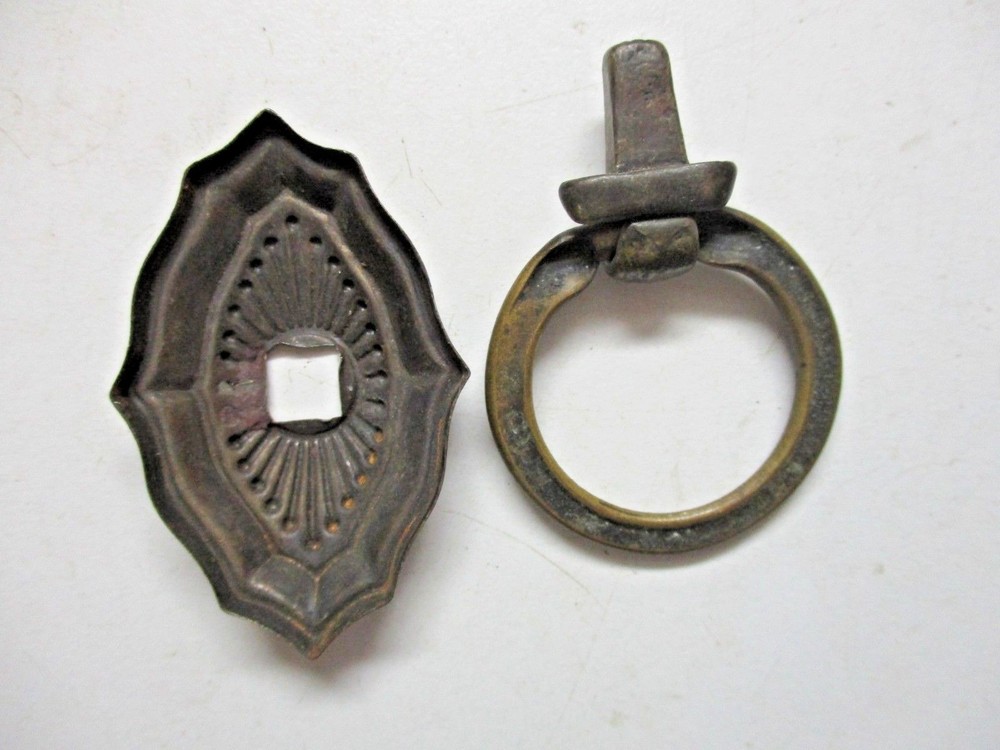 Small 1900s Aged Dark Brass Plated Drop Ring Pull Handle & Backplate 1 Antique