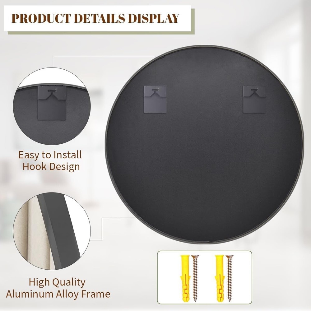 24-Inch Round Decorative Wall Mirror with Pre-Installed Hooks for Easy Mounting