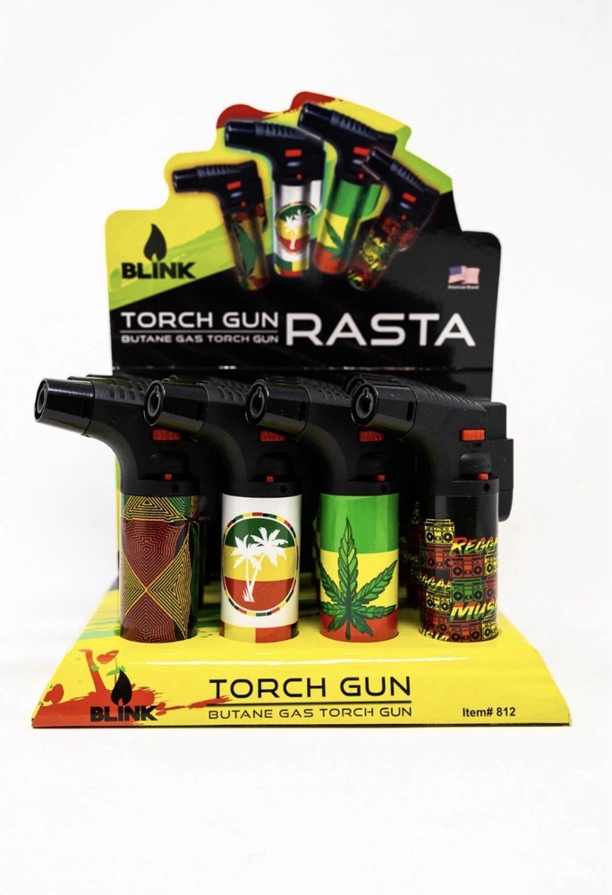 5" Blink Rasta Torch- Windproof Adjustable Jet Flame - 12 Count Box