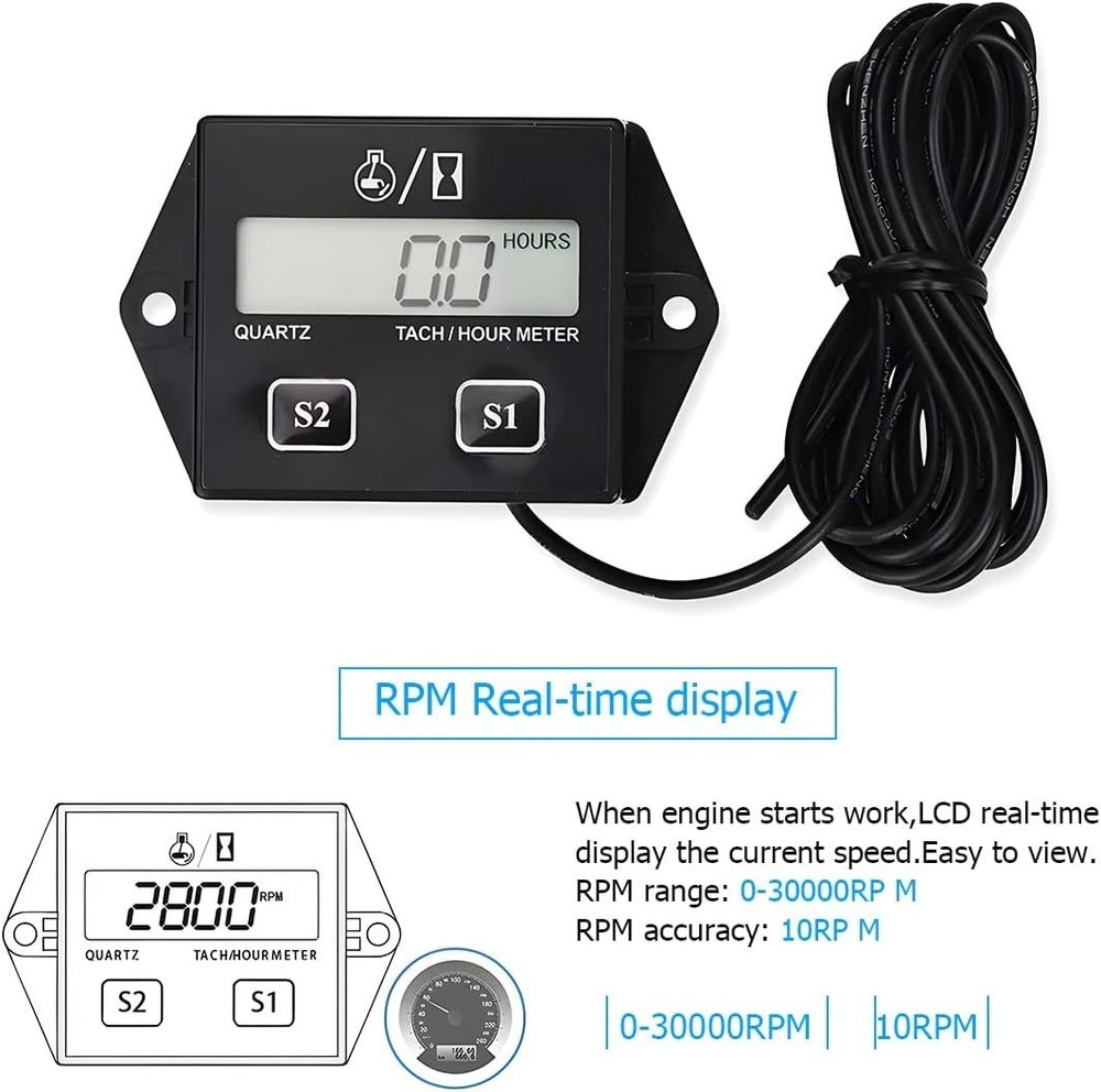 Waterproof Small Engine Tachometer Hour Meter 2-Stroke 4-Stroke Digital RPM