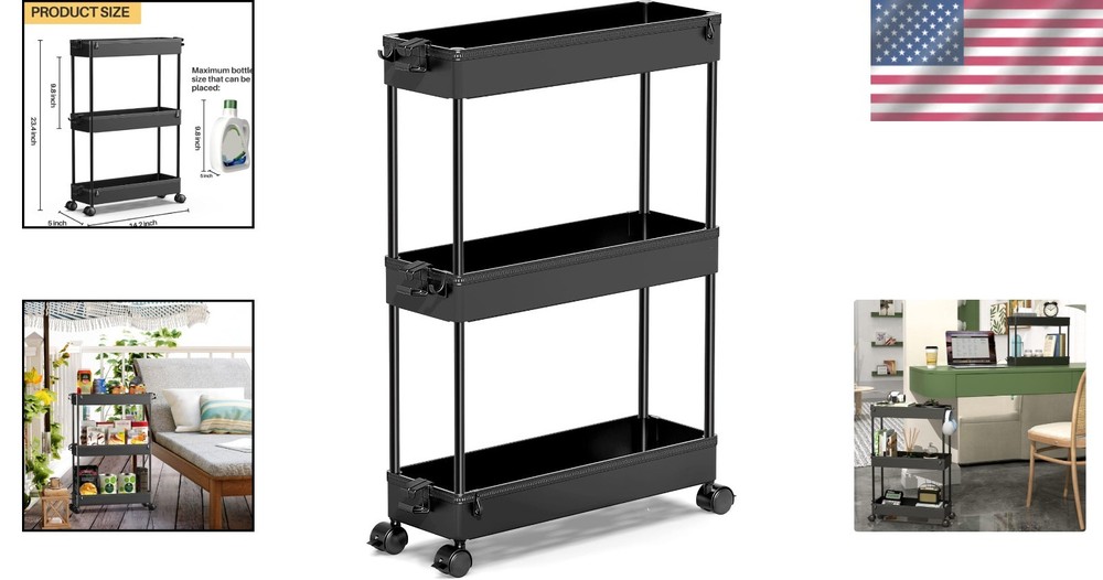 Slim Rolling Storage Cart, 3-Tier, Black, Multifunctional
